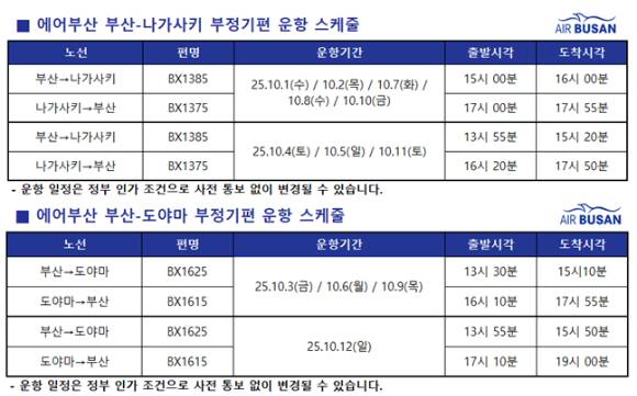 에어부산 부산-나가사키·도야마 부정기편 운항 일정 [사진=에어부산]