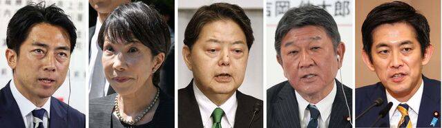 일본 집권 자민당의 주요 당권 주자들. 왼쪽부터 고이즈미 신지로 농림수산상, 다카이치 사나에 전 경제안보담당상, 하야시 요시마사 관방장관, 모테기 도시미쓰 전 자민당 간사장, 고바야시 다카유키 전 경제안보담당상. AFP연합뉴스