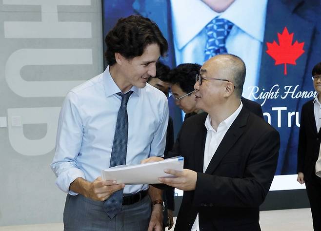 트뤼도 전 캐나다 총리가 8일 서울 서초구 국가AI 거점에서 간담회를 가지고 있다. [김호영 기자]