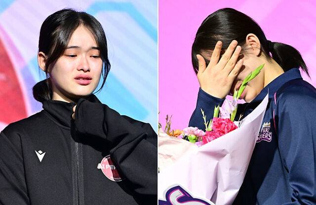 페퍼저축은행에 호명된 김민지(왼쪽)와 흥국생명에 호명된 문다혜(오른쪽)가 울고 있다 / KOVO(한국배구연맹)