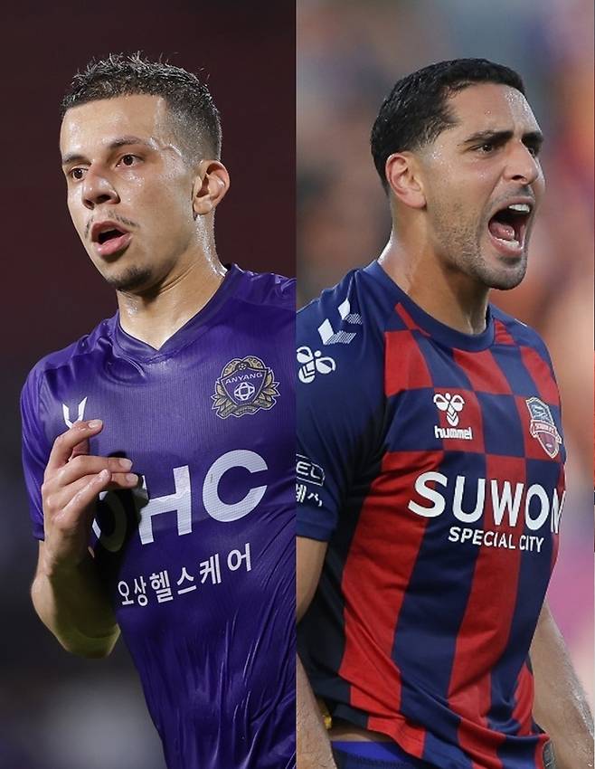 8월 이달의 선수상 후보에 오른 안양의 마테우스(사진 왼쪽)와 수원FC의 싸박. 사진=한국프로축구연맹