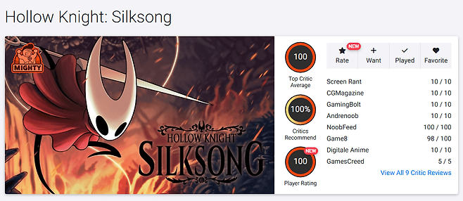 - 오픈크리틱은 9개 매체뿐이지만 모두 만점을 기록했다&nbsp;