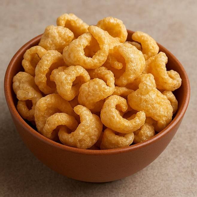 돼지껍데기를 튀긴 과자. 단백질은 풍부하나 나트륨과 지방에 주의해야 한다. [사진=챗GPT 생성]