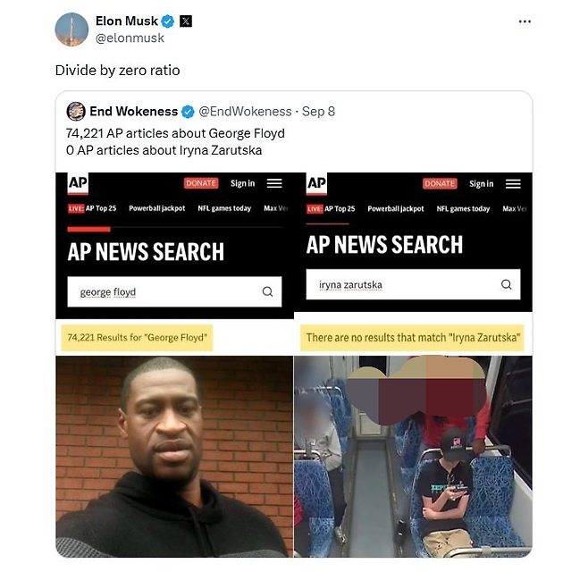 일론 머스크는 엑스(X)에 8월 말 발생한 미국 노스캐롤라이나주 샬럿 살인사건의 보도 건수를 2020년 조지 플로이드 사건과 비교한 게시물을 올리며 비판에 나섰다. 머스크 SNS