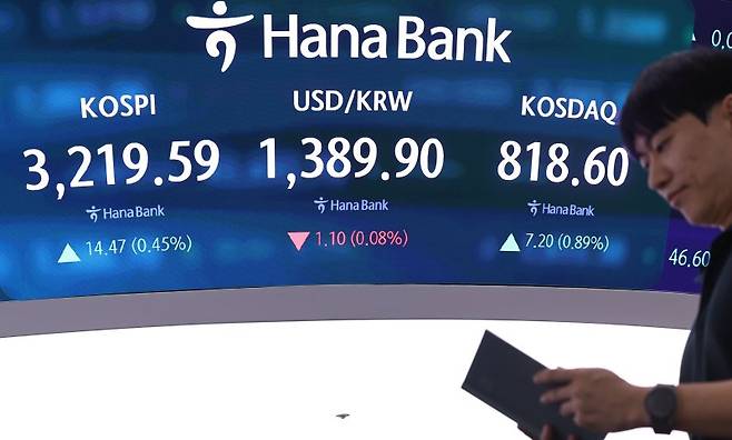 8일 오후 서울 중구 하나은행 딜링룸 전광판에 지수가 표시돼 있다. 뉴시스 제공