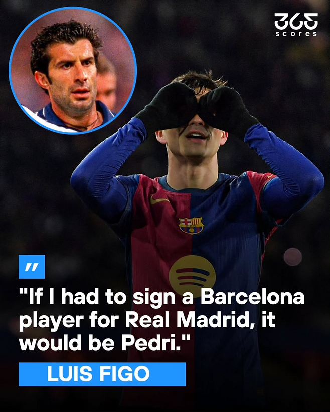 최근 한 베팅 업체 행사에서 "만약 바르셀로나에서 선수를 데려올 수 있다면 페드리를 레알로 데려오고 싶다"고 답한 피구. 사진=365Score SNS