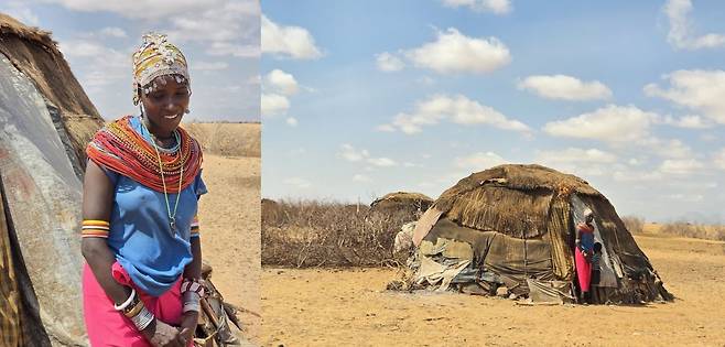 케냐 북부 마르사빗주 코어에 사는 렌딜레 전통부족 과부 네베요(22). 오른쪽은 네베요와 자폐를 앓고 있는 그의 아들이 원형 초가 앞에 서 있는 모습.