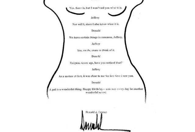 8일(현지 시각) 미 하원 감독위원회에 제출된 제프리 엡스타인의 50세 생일 축하 책자속에 포함된 트럼프 서명이 담긴 것으로 추정되는 편지. WSJ·뉴시스