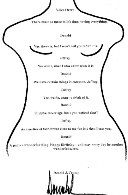 2003년 트럼프가 미성년자 성착취범인 제프리 엡스타인에게 보낸 생일 축하 편지에 그려져 있다고 보도된 그림.