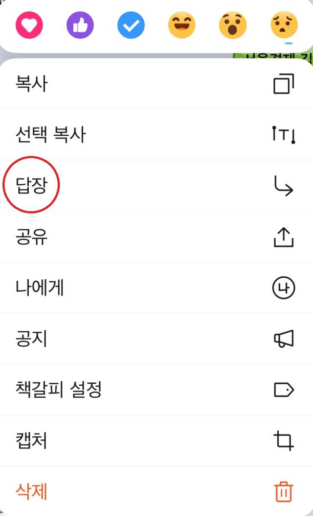 특정 메시지를 길게 누르면 ‘답장’ 기능을 사용할 수 있다. 김도연 기자