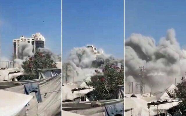 8일(현지시간) 가자시티 고층 건물이 이스라엘군의 폭격으로 무너지는 모습 [이스라엘군(IDF) 제공. 재판매 및 DB 금지]