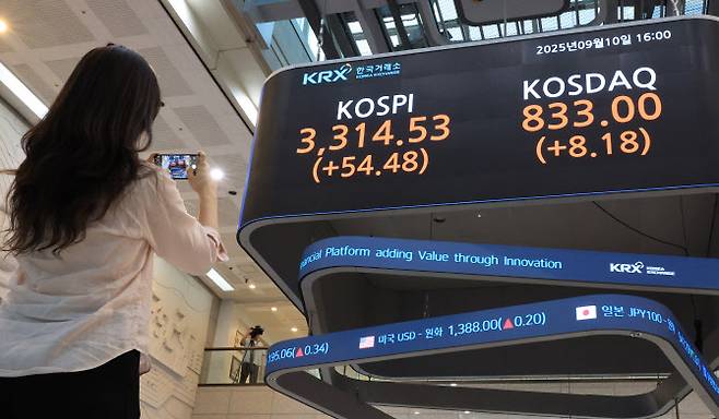 코스피가 사상 최고치를 경신한 10일 서울 여의도 KRX한국거래소에서 관계자들이 대형 전광판을 바라보고 있다. (사진=연합뉴스)