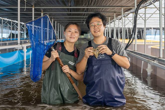 경북 칠곡군에서 처음으로 흰다리새우 양식에 성공한 김연주·홍성훈씨 부부./칠곡군