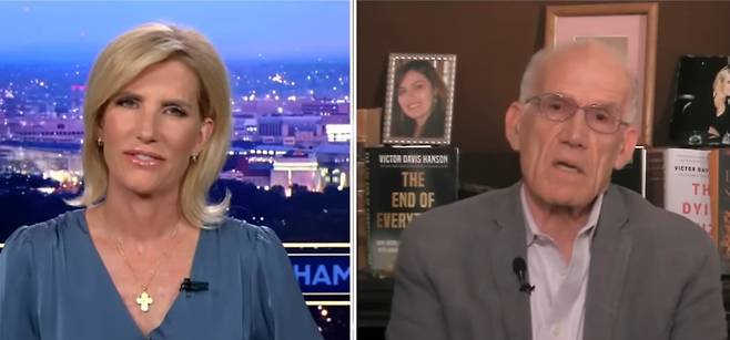 보수 성향 방송인인 로라 잉그레이엄(왼쪽)이 지난 9일 자신이 진행하는 폭스뉴스 방송에서 빅터 데이비드 핸슨 후버연구소 시니어펠로우와 조지아주 한국인 구금 사태 등을 주제로 대화를 하고 있다. /유튜브