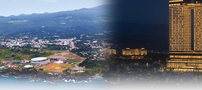 제주 드림타워(오른쪽)와 서귀포 중문관광단지 전경(비짓제주 캡처). 제주 관광의 무게 중심 이동을 상징하는 풍경.