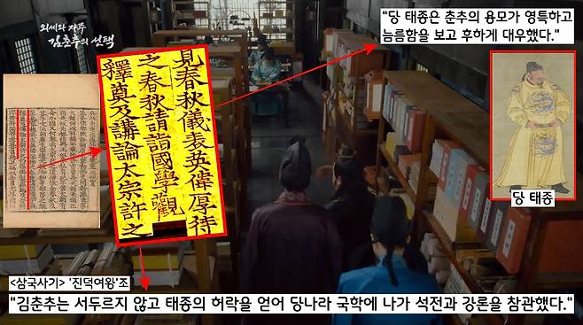두 차례의 외교참사 후 당나라를 방문한 김춘추는 짐짓 여유를 부린다. 태종의 허락을 얻어 당나라 국학에 나가 석전과 강론을 참관했다. 태종은 서두르지 않는 김춘추에게 호감을 나타냈다.