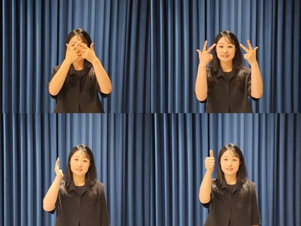 ▲ 왼쪽에서 오른쪽 방향으로 윗줄은 '이재명', 아랫줄은 '대통령'을 수어로 표현하는 박지연 수어통역사. 사진=장슬기 기자