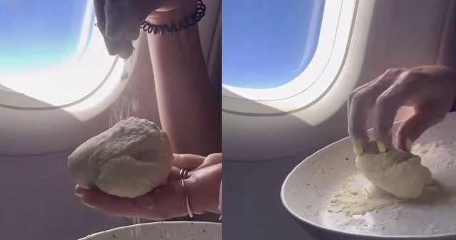 한 여성이 비행기 좌석에서 파스타 반죽을 만드는 모습. 뉴욕포스트·뉴시스