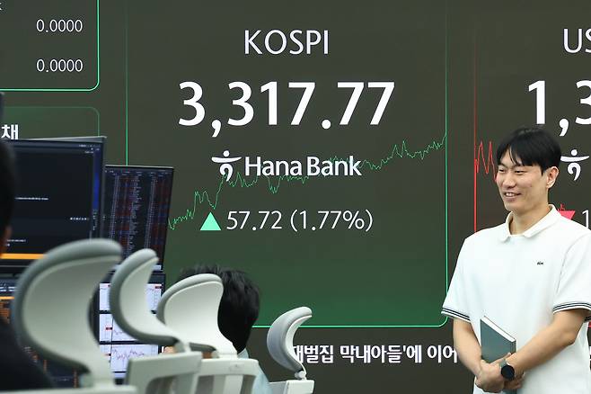 코스피가 장중 사상 최고점 3316.08(2021년 6월 25일)을 넘어선 10일 서울 중구 하나은행 본점 딜링룸 현황판에 코스피가 표시돼 있다. [연합]