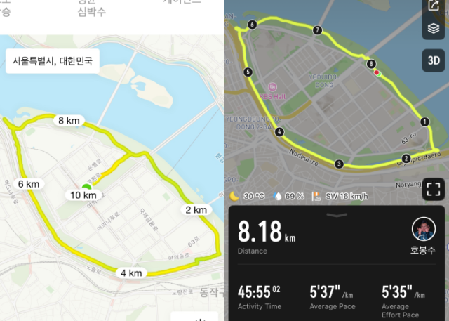 박지원(왼쪽) 씨와 전연호 씨가 달린 고구마런 코스. 전 씨는 자신의 이름과 마라토너 이봉주의 이름을 합쳐 ‘호봉주’라는 별명을 사용한다. 독자 제공