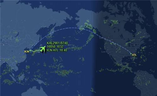 구금 한국인 귀국 전세기 위치(한국시간 10일 낮 12시 20분 기준) [플라이트어웨어 캡처. 재판매 및 DB 금지]