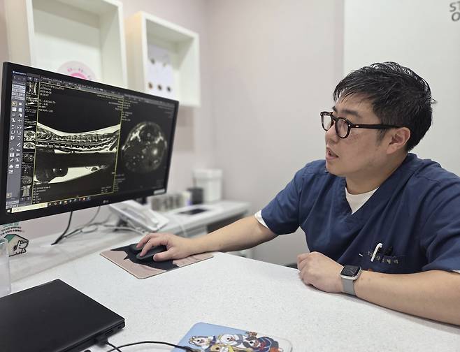 10일 안형택 월드펫동물메디컬센터 영상 실장이 반려견의 MRI 영상 촬영 사례를 설명하고 있다. ⓒ 뉴스1