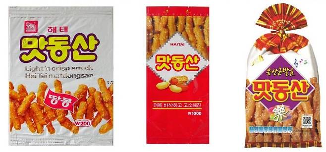 맛동산 패키지 변천. 1985년 맛동산(왼쪽부터), 1997년 맛동산, 2006년 맛동산 [사진=크라운해태제과 제공]