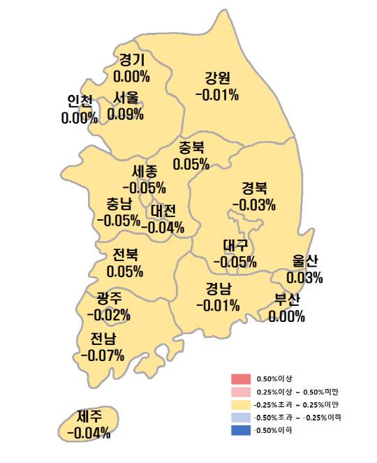 9월 둘째 주(8일 기준) 시도별 아파트 매매가격지수 변동률. 한국부동산원 제공