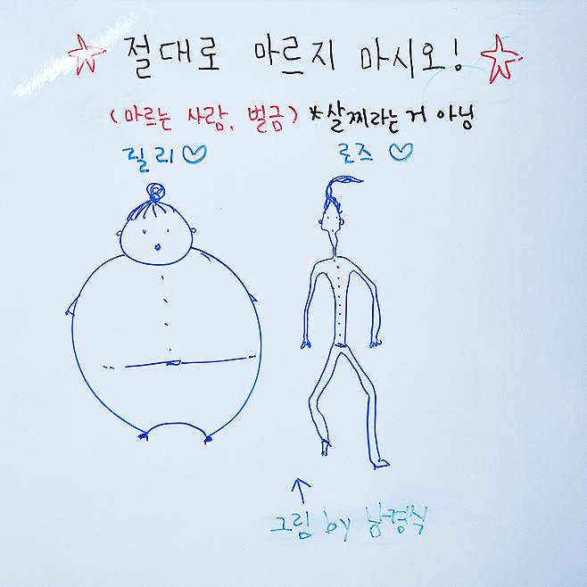 <마른 여자들> 연습실 한켠에 써 있는 ‘절대로 마르지 마시오’ 공지, 남경식 무대디자이너가가 그렸다. 황미영 배우 제공