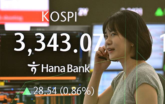 11일 코스피가 전날 기록한 장중 사상 최고치(3,317.77)를 하루 만에 갈아치우며 상승 출발했다. 이날 오전 서울 중구 하나은행 딜링룸 전광판에 9시 3분 기준 코스피 지수가 전 거래일보다 28.54포인트 상승한 3343.07포인트를 나타내고 있다. 사진은 다중노출 합성 촬영. 임세준 기자