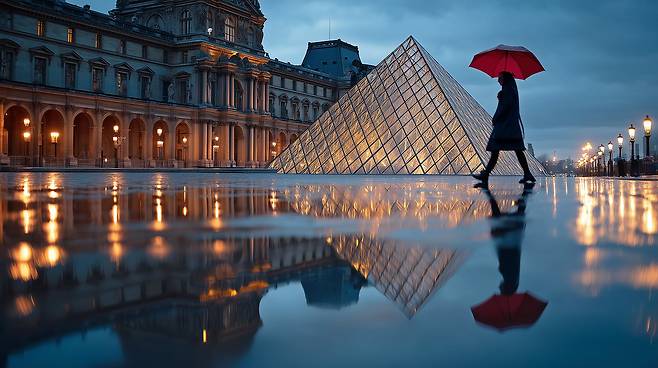 비가 오는 날 프랑스 파리 루브르 박물관 앞을 한 여성이 우산을 쓰고 지나가고 있다.  AI 이미지 / 사진가 오승환