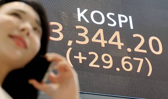이재명 대통령의 취임 100일인 11일 3344.20으로 거래를 마치며 최고치를 기록한 코스피 종가가 서울 여의도 한국거래소 현황판에 표시돼있다. 연합뉴스