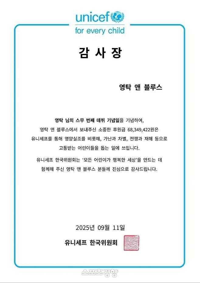 영탁 팬덤의 기부증. 영탁앤블루스 제공