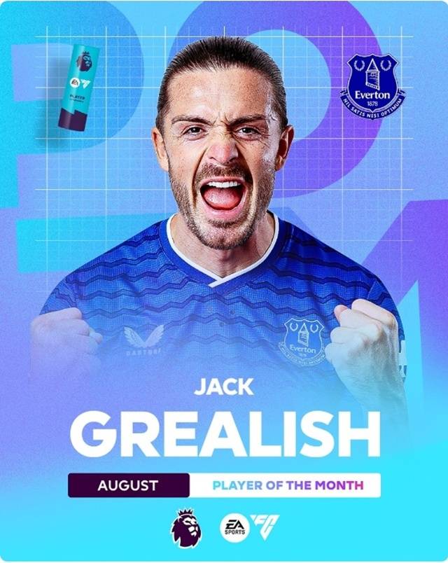 8월 이달의 선수상을 수상한 잭 그릴리시. /사진=EPL 사무국 SNS