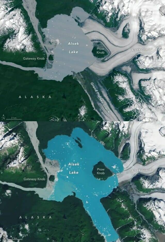 1984년 7월 5일과 2025년 8월 6일 촬영된 사진을 비교한 모습. 프로 놉 지형이 더 크고 선명하게 분리되고 빙하가 녹아 호수가 커진 확인할 수 있다. (출처=미 지질조사국(USGS) 랜드샛, NASA 지구 관측소)