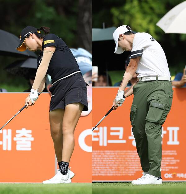 2025년 한국여자프로골프(KLPGA) 투어 OK저축은행 읏맨 오픈에 출전한 방신실, 박성현 프로가 2라운드에서 경기하는 모습이다. 사진제공=KLPGA (사진을 무단으로 사용하지 마십시오.)