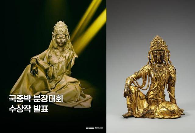 고려 유물 금동관음보살좌상(오른쪽)를 표현한 '재롱이와 솔솔이 연합'. 국립중앙박물관 인스타그램 캡처
