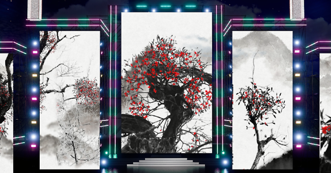 입제창 무대 데모 영상. LED 전광판에 투사된 붉은 겨우살이 이미지가 판소리와 무용의 호흡과 맞물리며 무대의 중심을 이끈다. (작가 제공)