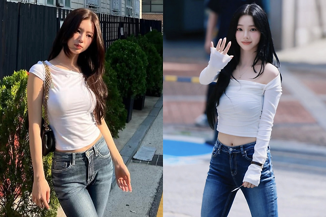 시너진 데님 팬츠를 착용한 아이들 미연(왼쪽)과 에스파 카리나(오른쪽) [사진 = 인스타그램 캡처]