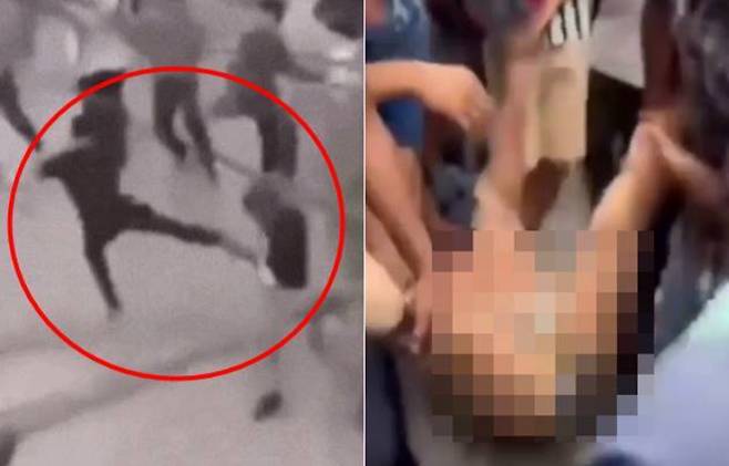 비스누 프러서드 퍼우델 재무부 장관 추정되는 인물이 폭행 당하는 모습(왼쪽)과 옷이 벗겨진 채 시위대에 끌려다니는 모습. SNS 캡처