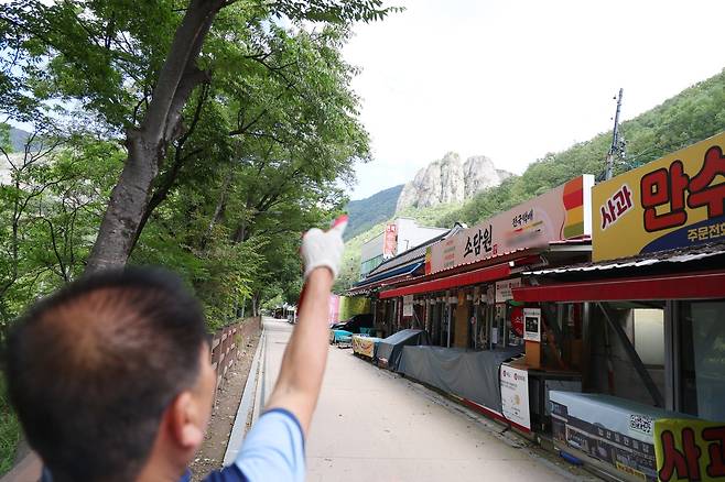 대전사 뒤편 가리키는 상인  (청송=연합뉴스) 박세진 기자 = 지난 11일 경북 청송군 주왕산 국립공원 상인이 지난 3월 산불 당시 불길이 번진 대전사 뒤편 산등성이를 가리키고 있다. 2025.9.11 psjpsj@yna.co.kr