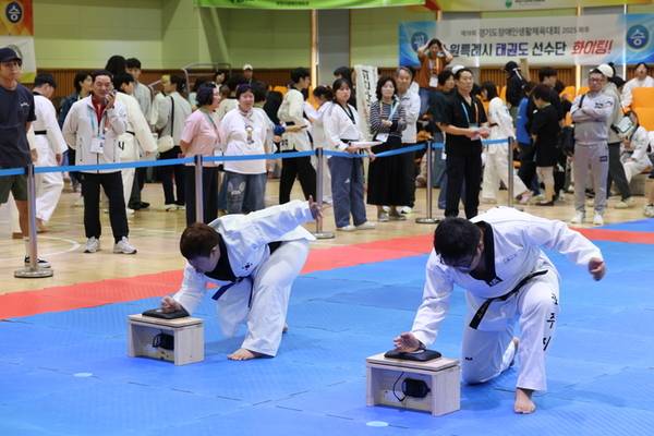 ‘제19회 경기도장애인생활체육대회 2025 파주’에서 태권도 동호인들이 격파 경기를 펼치고 있다. /경기도장애인체육회 제공