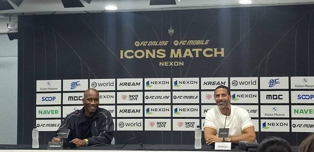 디디에 드로그바(좌)와 리오 퍼디난드(우)가 13일 서울월드컵경기장에서 열린 '아이콘 매치' 미디어데이에서 기자들의 질문에 답하고 있다. /사진=비즈워치