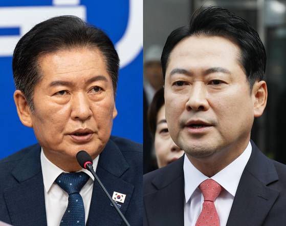 12일 서울 여의도 국회에서 최고위원회의를 주재하고 있는 정청래 더불어민주당 대표(왼쪽)과 14일 부산 강서구 세계로교회 예배에 참석하며 취재진 질문에 답하고 있는 장동혁 국민의힘 대표. 뉴스1