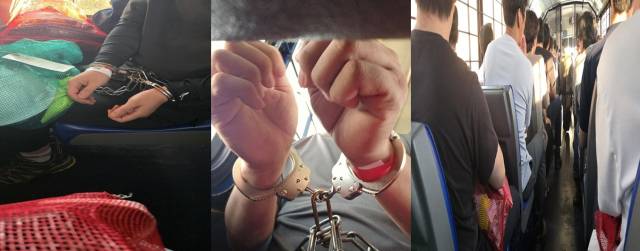 미국 조지아주 배터리 공장 건설 현장에서 일하다 7일간 구금된 근로자들이 구금 과정에서 수갑과 쇠사슬을 찬 근로자들 모습. 연합뉴스