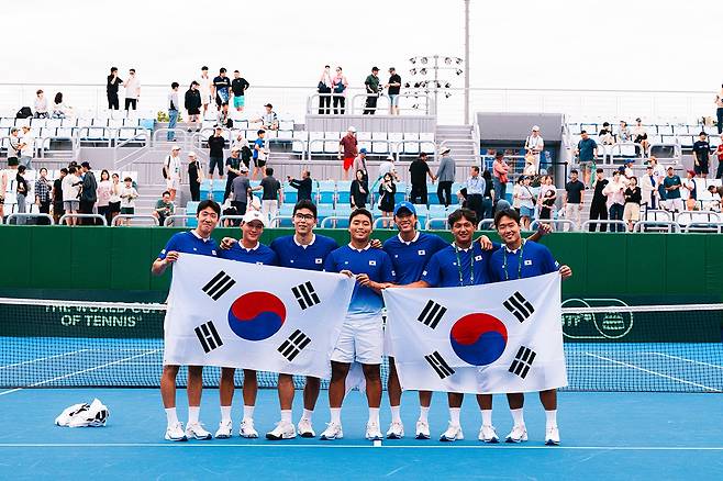 카자흐스탄을 꺾은 한국 테니스 국가대표 선수단 [대한테니스협회 제공. 재판매 및 DB 금지]