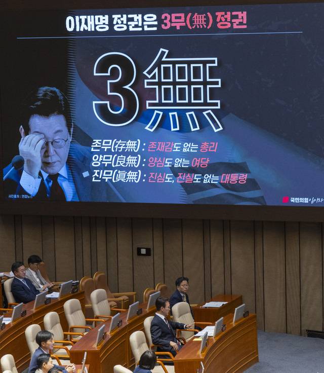 임이자 국민의힘 의원이 15일 대정부질문에서 '이재명 정부는 3무(無) 정권' 등 주장을 담은 질의를 하자 김민석 국무총리 등 관료들이 듣고 있다. 연합뉴스