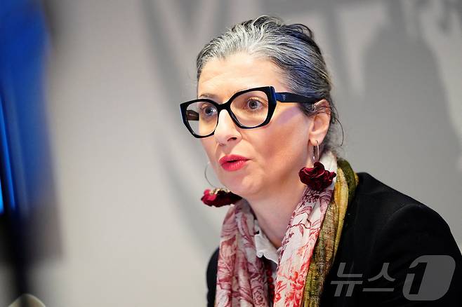 2월 5일(현지시간) 프란체스카 알바네제 유엔(UN) 팔레스타인 점령지 인권 상황 특별보고관이 덴마크 코펜하겐 UN시티에서 기자회견을 하고 있다. 2025.02.05. ⓒ 로이터=뉴스1 ⓒ News1 윤다정 기자