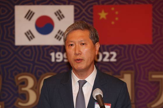 한·중 수교 30주년 기념 포럼이 중앙일보와 한반도평화만들기 한중비전포럼 주최로 2022년 8월 20일 서울 중구 소공동 가넷스위트룸에서 열렸다. 이날 노재헌 원장이 발언하고 있다. 김상선 기자