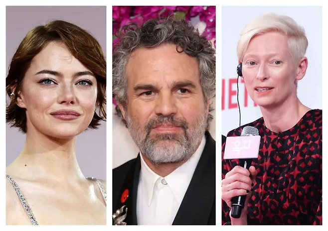 왼쪽부터 배우 엠마 스톤, 마크 러팔로, 틸다 스윈턴. Gettyimages/이매진스